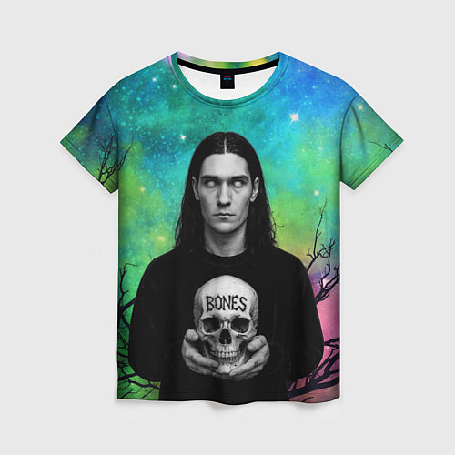 Женская футболка Bones без зрачков держит череп в руках / 3D-принт – фото 1
