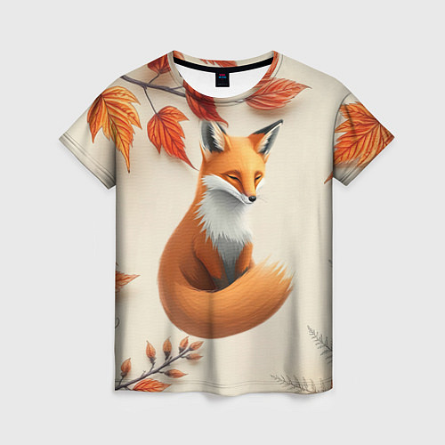 Женская футболка Лис под осенними листьями / 3D-принт – фото 1