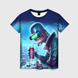 Футболка женская Кибер Бендер пьёт лимонад - неоновое свечение, цвет: 3D-принт