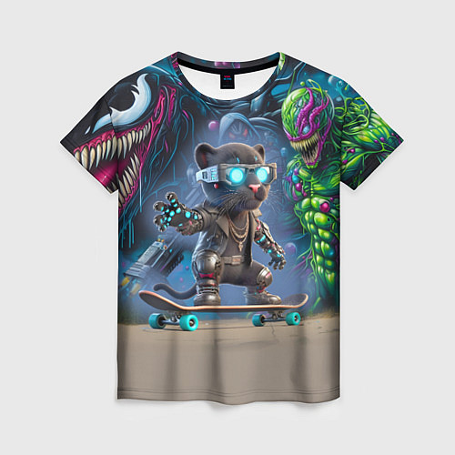 Женская футболка Пантерёнок крутой скейтбордист на фоне граффити / 3D-принт – фото 1