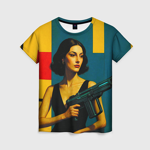 Женская футболка Девушка с ретрофутуристическим автоматом поп-арт 1 / 3D-принт – фото 1