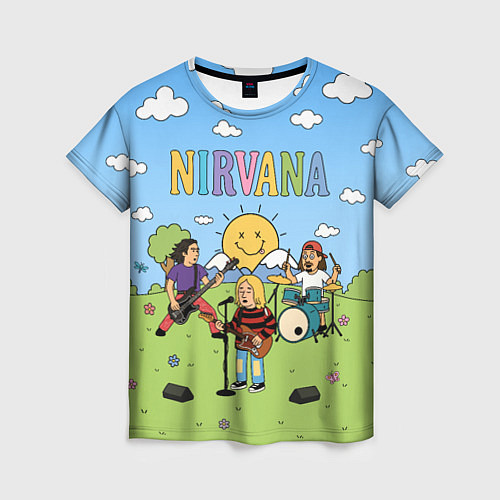 Женская футболка Nirvana мультяшный стиль на поляне / 3D-принт – фото 1