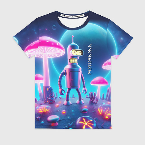 Женская футболка Робот-сгибальщик Бендер и неоновые грибы / 3D-принт – фото 1