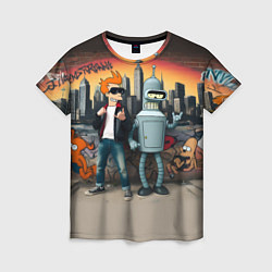 Футболка женская Фрай и Бендер на фоне стены с граффити, цвет: 3D-принт