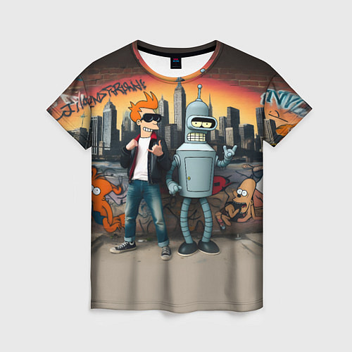 Женская футболка Фрай и Бендер на фоне стены с граффити / 3D-принт – фото 1