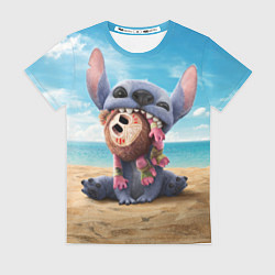 Женская футболка Стич на пляже