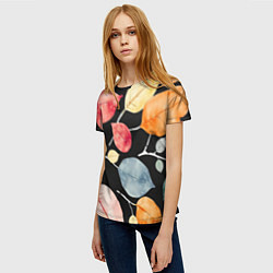 Футболка женская Разноцветные акварельные листья на чёрном, AI, цвет: 3D-принт — фото 2