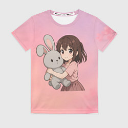 Женская футболка Девочка обнимает зайцика в аниме
