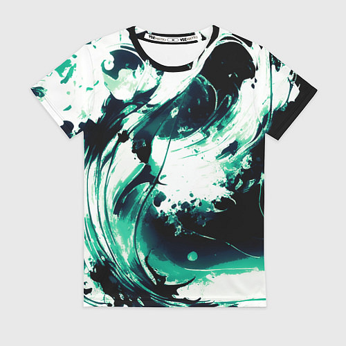 Женская футболка Чёрно-зелёный абстракция волна / 3D-принт – фото 1