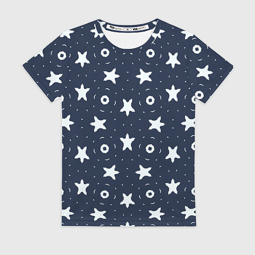 Женская футболка Белые кольца и звезды на синем / 3D-принт – фото 1