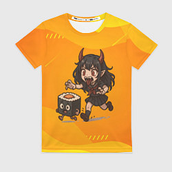 Женская футболка Девочка дьявол бежит за роллом