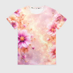 Женская футболка Нежный розовый цветочный с золотистым свечением