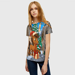 Футболка женская Лошадка распаковывает новогодний подарок, цвет: 3D-принт — фото 2