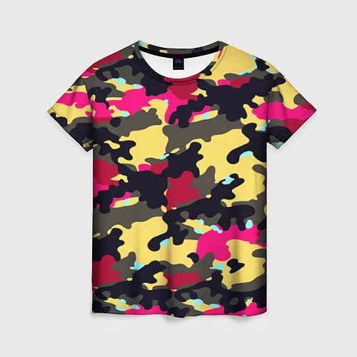 Женская футболка Камуфляж: желтый/черный/розовый / 3D-принт – фото 1