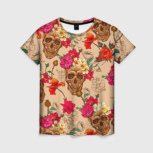 Женская футболка Черепа в цветах / 3D-принт – фото 1