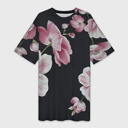 Женская длинная футболка Цветы на черном фоне