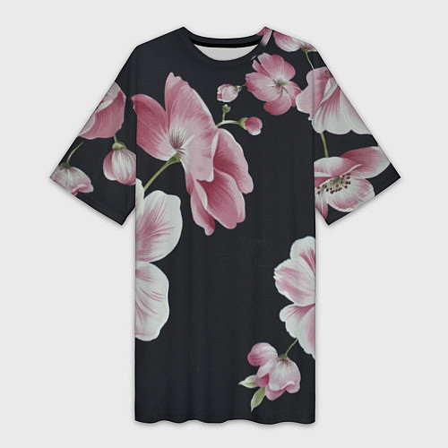 Женская длинная футболка Цветы на черном фоне / 3D-принт – фото 1
