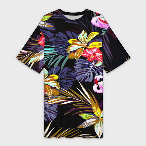 Женская длинная футболка Тропический фламинго / 3D-принт – фото 1