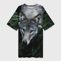 Женская длинная футболка Волк в траве