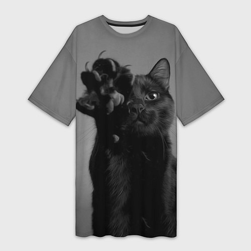 Женская длинная футболка Черный котик / 3D-принт – фото 1