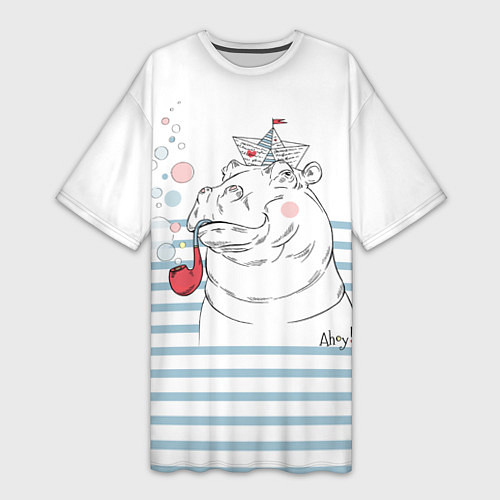Женская длинная футболка Белый бегемот моряк / 3D-принт – фото 1