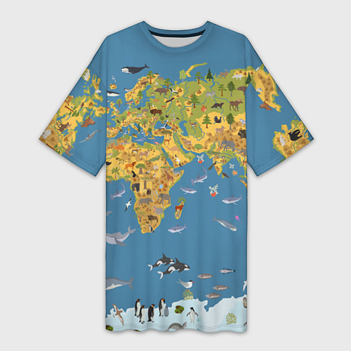 Женская длинная футболка Карта мира детская / 3D-принт – фото 1
