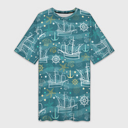 Женская длинная футболка Парусники в море - паттерн
