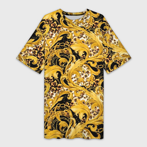 Женская длинная футболка Золотой лиственный узор / 3D-принт – фото 1