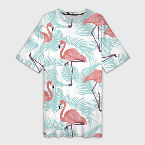 Женская длинная футболка Узор фламинго и тропических растений / 3D-принт – фото 1