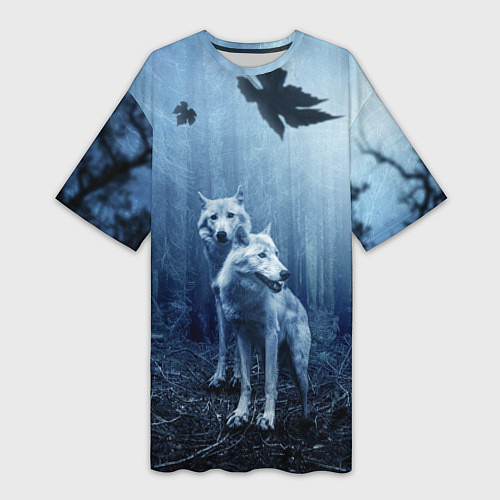 Женская длинная футболка Волки в тёмном лесу / 3D-принт – фото 1