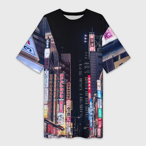 Женская длинная футболка Ночной Токио / 3D-принт – фото 1