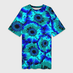 Женская длинная футболка Голубые хризантемы