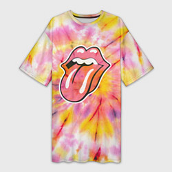 Футболка женская длинная Rolling Stones tie-dye, цвет: 3D-принт