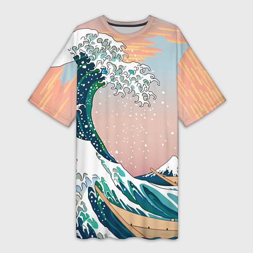 Женская длинная футболка Большая волна в канагаве / 3D-принт – фото 1