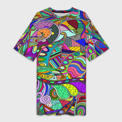 Женская длинная футболка Дудлы узор разноцветный хиппи