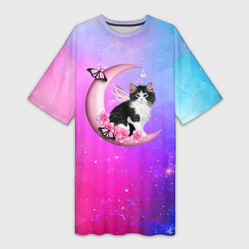 Женская длинная футболка Котик На Луне / 3D-принт – фото 1