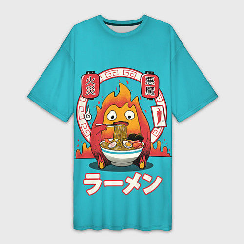 Женская длинная футболка Calcifer & ramen / 3D-принт – фото 1