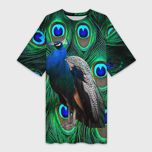 Женская длинная футболка Павлин на фоне своих перьев / 3D-принт – фото 1