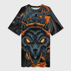 Женская длинная футболка Волк и дракон