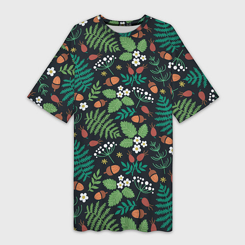 Женская длинная футболка Лесные листочки цветочки / 3D-принт – фото 1