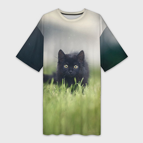 Женская длинная футболка Черный кот на лугу / 3D-принт – фото 1