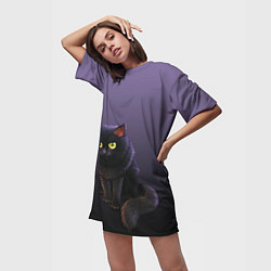 Футболка женская длинная Черный кот на фиолетовом, цвет: 3D-принт — фото 2