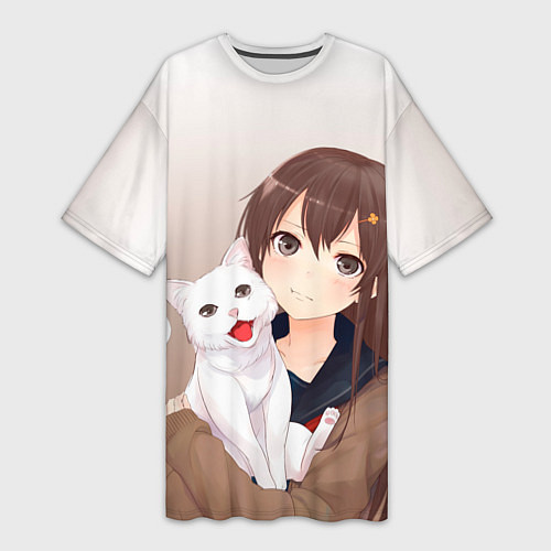 Женская длинная футболка Девочка и белый кот аниме / 3D-принт – фото 1