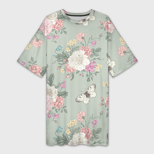 Женская длинная футболка Бабочки в цветах / 3D-принт – фото 1