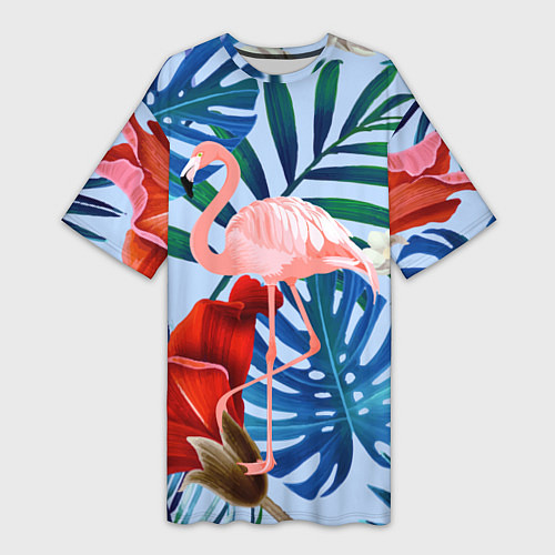 Женская длинная футболка Фламинго в папоротнике / 3D-принт – фото 1