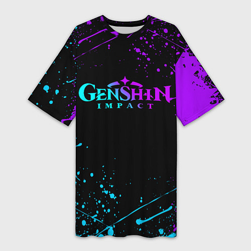 Женская длинная футболка GENSHIN IMPACT NEON LOGO / 3D-принт – фото 1