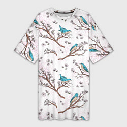 Женская длинная футболка Птички весной на ветках Сакуры