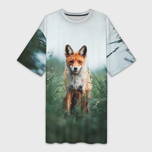 Женская длинная футболка Лисица в зелени / 3D-принт – фото 1