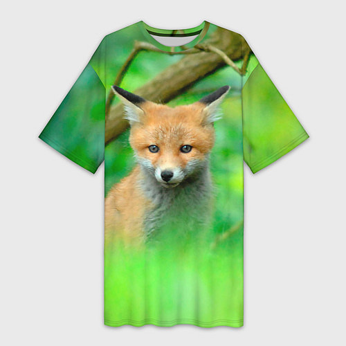 Женская длинная футболка Лисенок в зеленом лесу / 3D-принт – фото 1