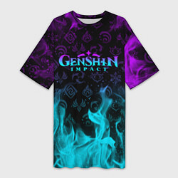 Футболка женская длинная GENSHIN IMPACT НЕОНОВЫЙ ОГОНЬ, цвет: 3D-принт